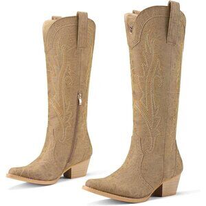 Women's Cowgirl Boot Embroidered Knee-High Western Boots Pointy Toe Brown3